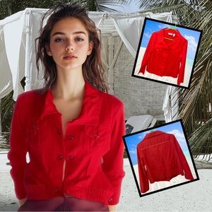 Chico's Women's Red Cropped Button Jacket Ruffled Blazer Career Classic Size 0